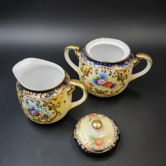 Vintage Porcelain Tea Set Handpainted w Heavy Gold Accents - Picture 9 of 12